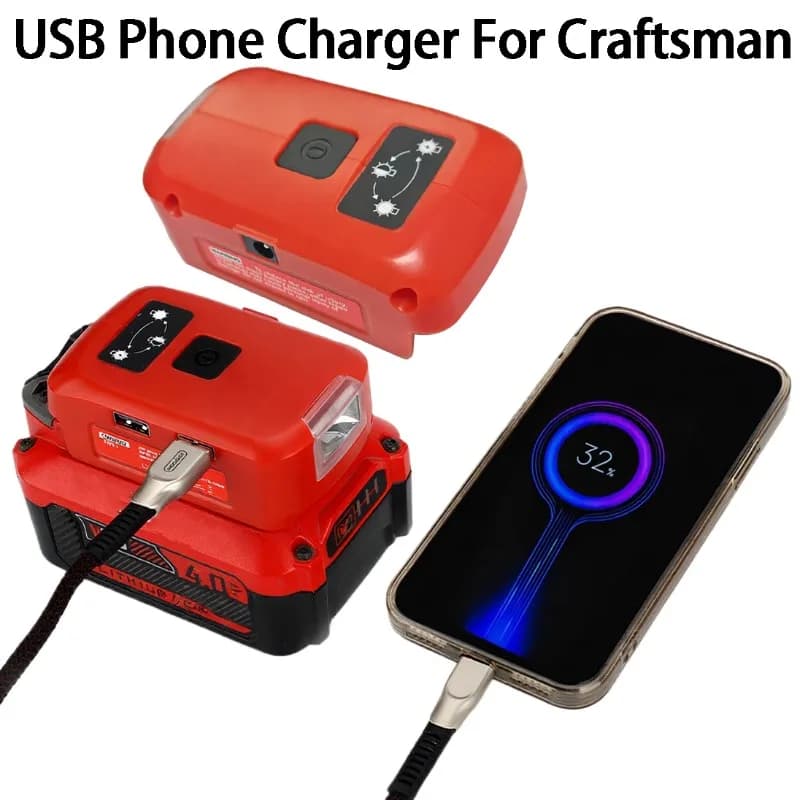 Adattatore per caricabatterie per telefono USB con lampada da lavoro a LED compatibile con Black & Decker/Craftsman Batteria agli ioni di litio da 20 V Power Bank a doppia porta