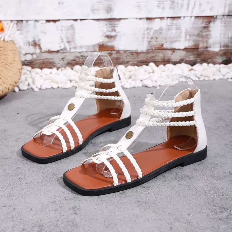 Sandali piatti da donna stile gladiatore con lacci alla caviglia, punta aperta, design intrecciato, scarpe estive casual nere, comodi sandali da passeggio