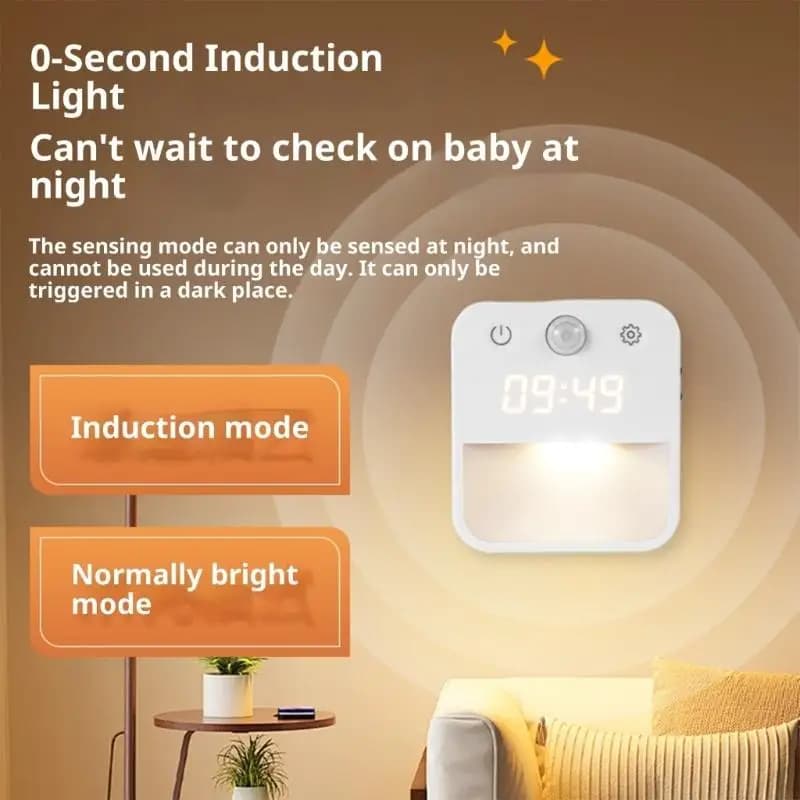 Luce Notturna con Sensore Automatico Lampada da Parete con Orologio 3 Temperature di Colore Regolabili Luce Notturna Wireless per Camera da Letto