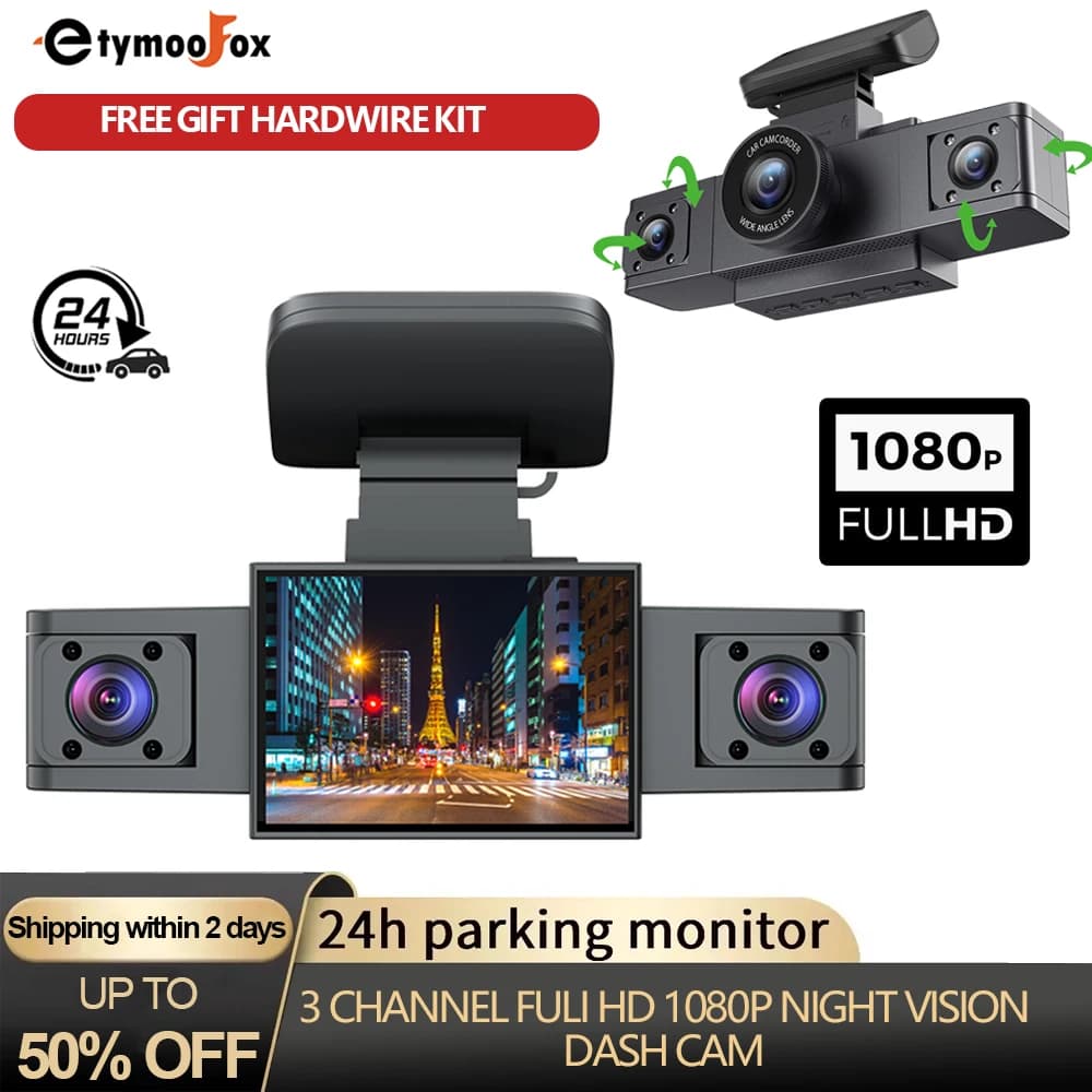 Dash Cam 3-channel camera recorder for three lens car with rear view DVR 24H Monitor parking black box car accessories