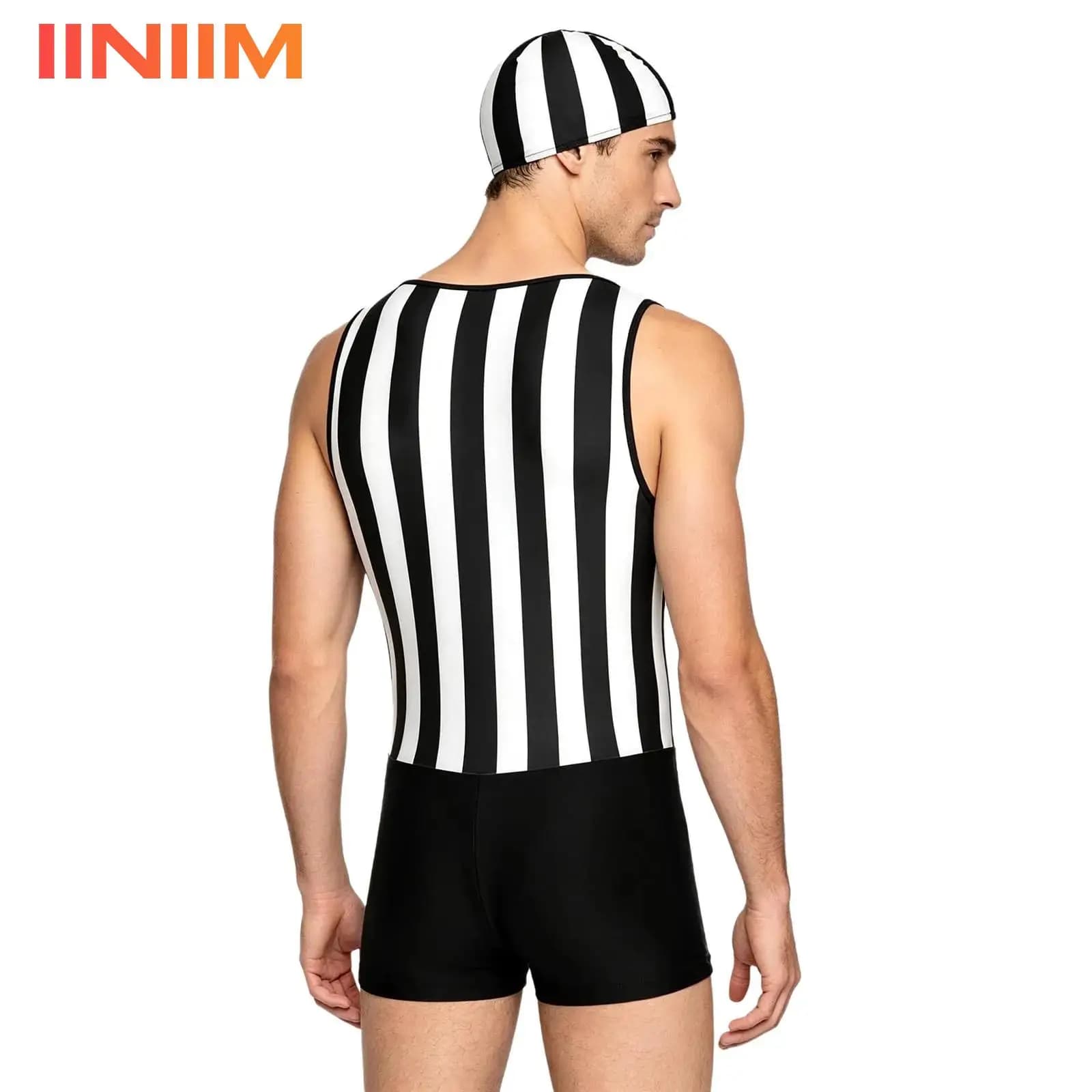 Costume da bagno intero da uomo con cappuccio, scollo basso, senza maniche, a righe, ad asciugatura rapida, per spiaggia e piscina