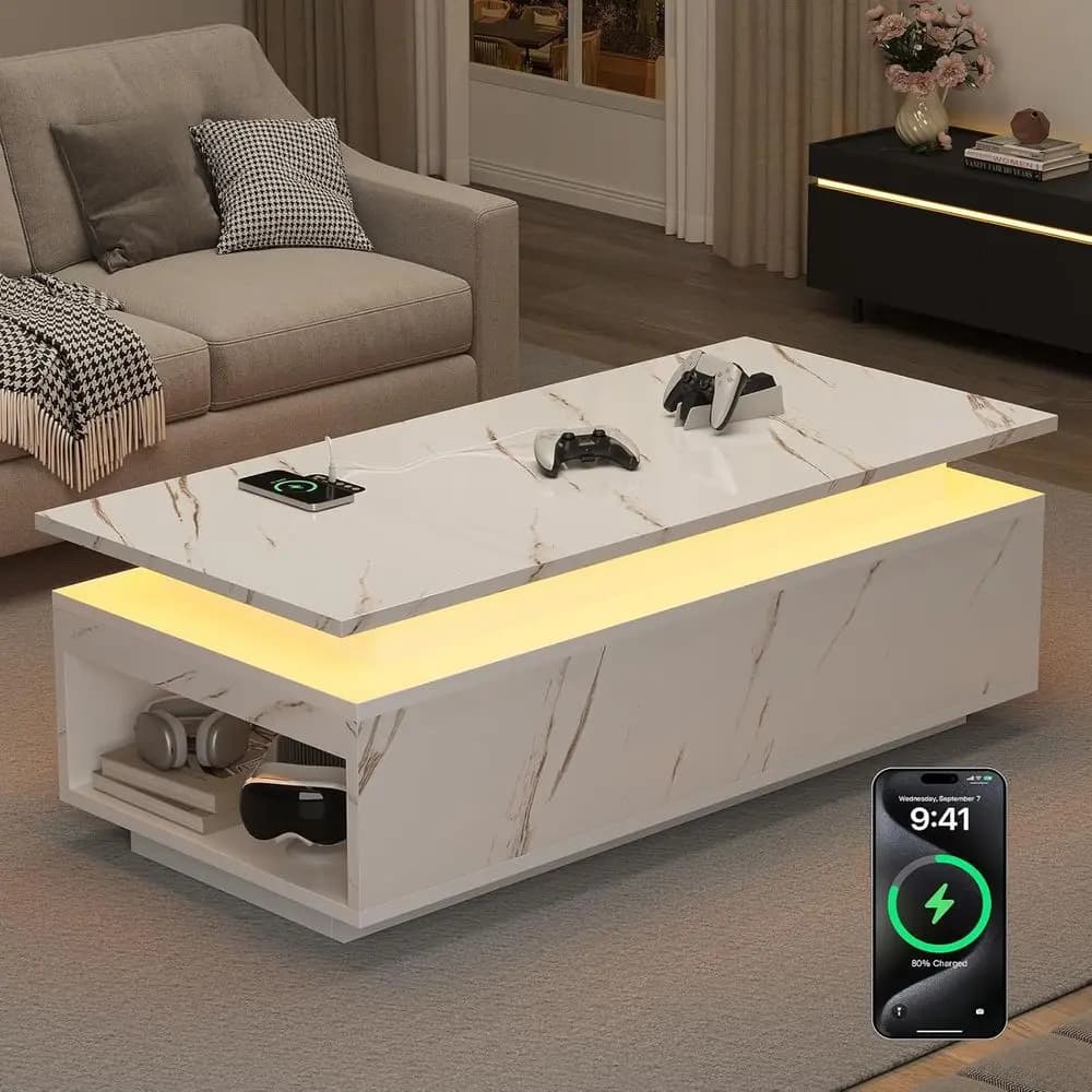 Modern 47.2 LED Coffee Table with Wireless Charging, Bluetooth Speaker, and Storage for Living Room, White Marble Design