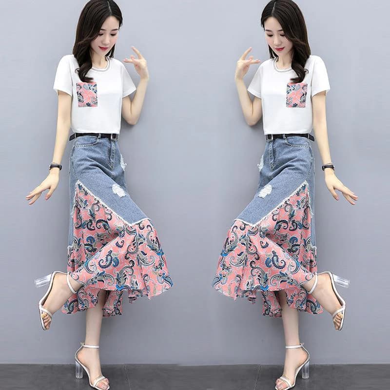 Completo Estivo in Denim Due Pezzi, Set Elegante e Alla Moda per Primavera e Autunno, Gonna Lunga Slim Fit, Abbigliamento Trendy per Donna