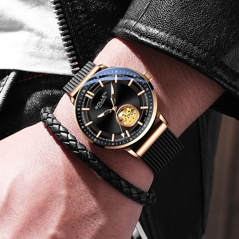 SOLLEN Men's Automatic mechanical watch with Japanese MIYOTA Movement, Luminous, Waterproof, Double Scheletrate, with SL360 Net Strap