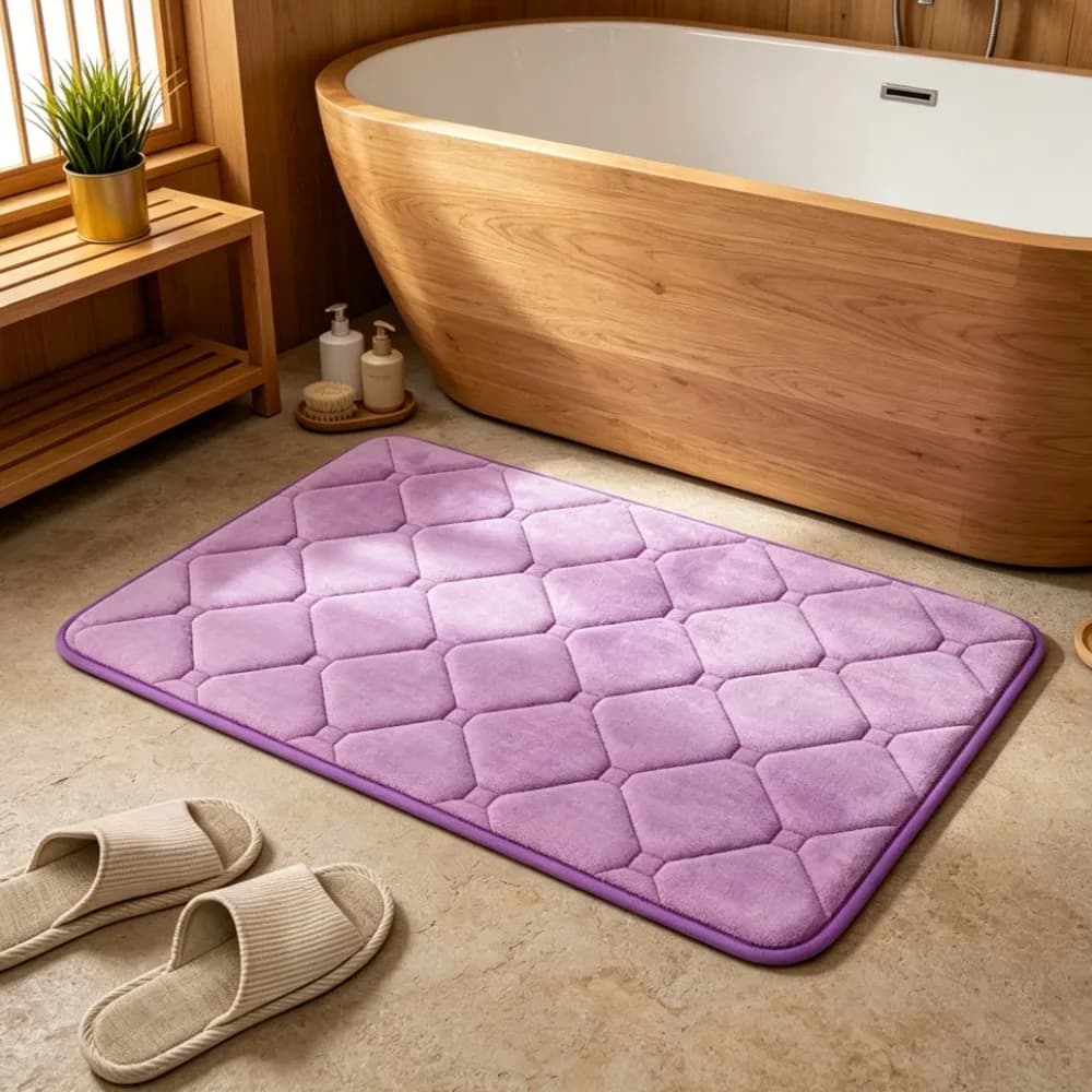 Tappetino da Bagno in Memory Foam Goffrato Lilla, Antiscivolo e Assorbente, Lavabile in Lavatrice