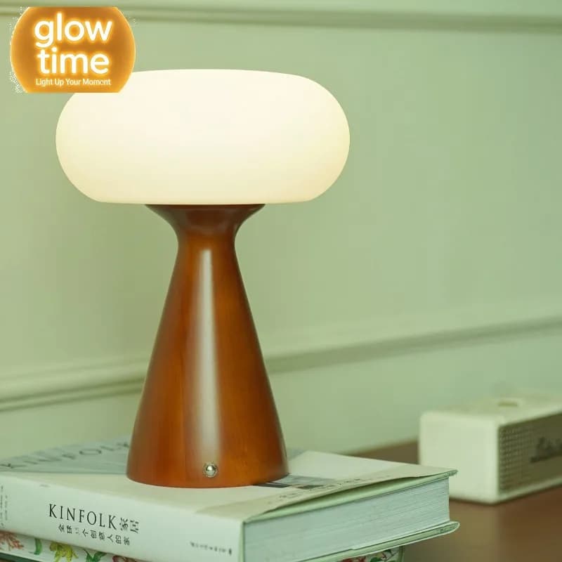 Portable medieval solid wood mushroom desk lamp bedside bedroom charging night light touch retro dimming ambient light