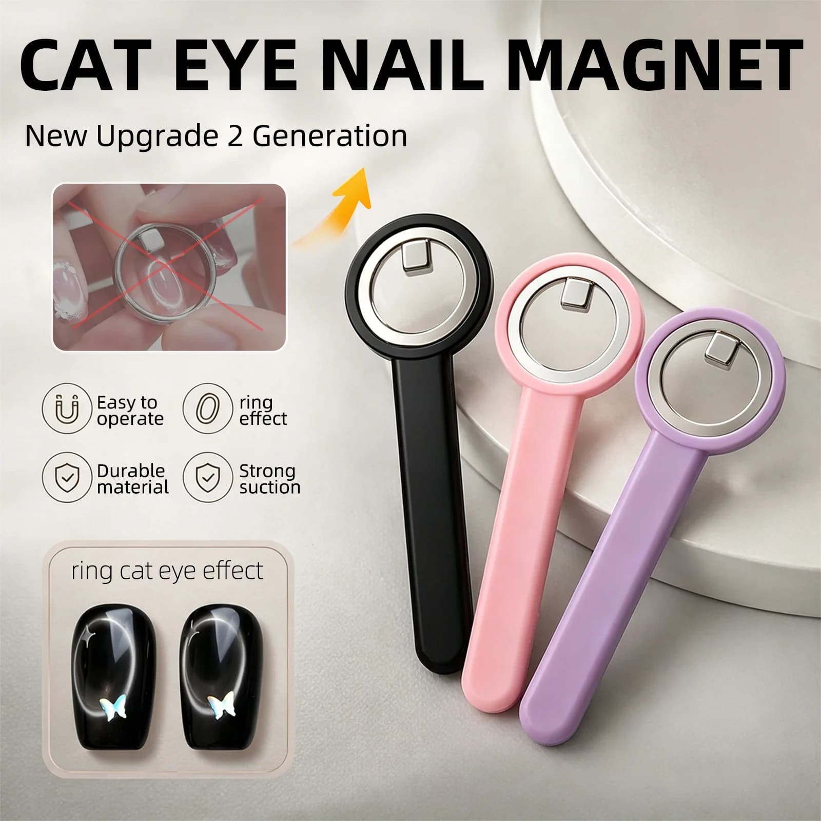 Nuovo Bastoncino Magnetico Circolare per Unghie Effetto Occhio di Gatto con Manico, Strumento Magnetico per Effetto Halo per Smalto Gel Magnetico, Arte della Manicure Fai da Te