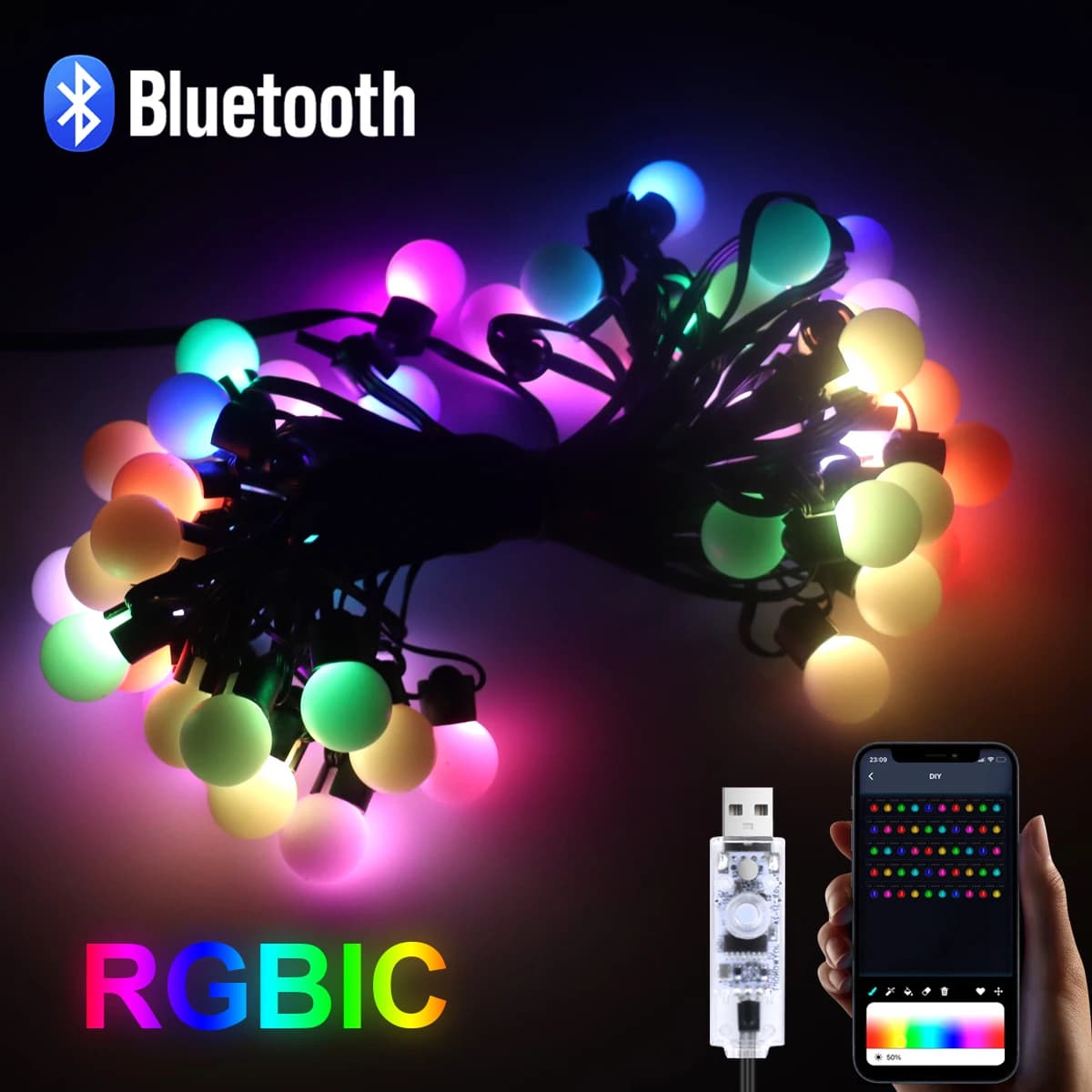 USB Bluetooth LED String Light 10M 50 lampadine RGBIC Lucine Natale Camera da letto Giardino esterno Decorazione da campeggio Lampada ghirlanda a LED