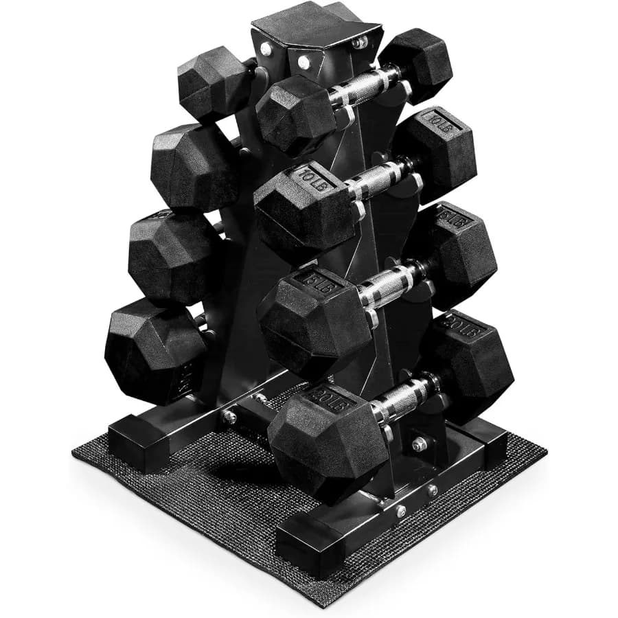 Rubber-coated hexagonal handlebar weight set with storage rack Set of 100 pounds or 150 pounds or 200 pounds Couples of 5-20 pounds or 5-25 pounds or 10-30 pounds