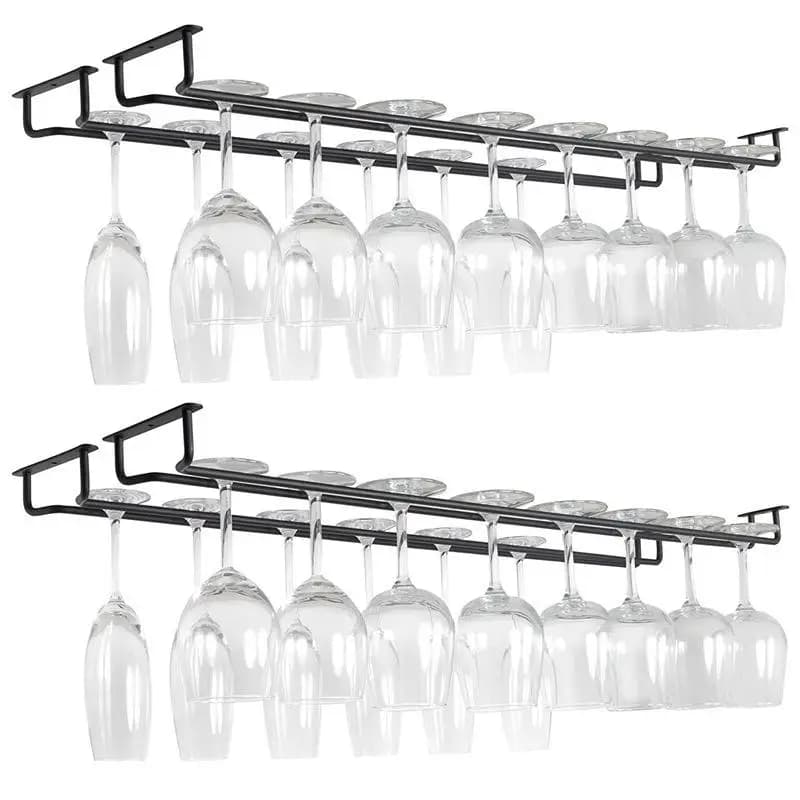 【S】1PC Black Wall Mount Wine Glass Holder Under Cabinet Hanging Stemware Rack For Kitchen Bar