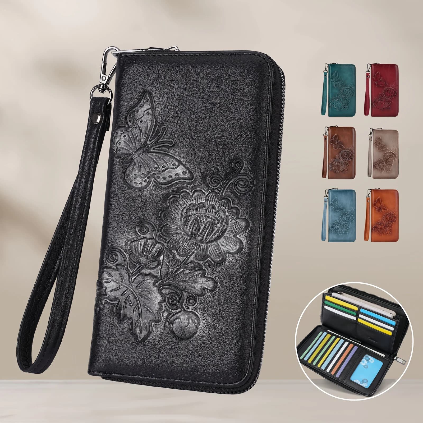 Portafoglio Vintage da Donna Vegano con Blocco RFID, Porta Carte con Cerniera, Pochette Designer da Donna con Finestra ID, Regalo Festa della Mamma