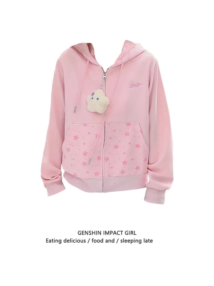 Cardigan con Cerniera da Donna, Felpa Oversize con Stampa a Stelle, Cappotto Casual con Cappuccio, Nuovo Stile Autunno Inverno, Design Snellente