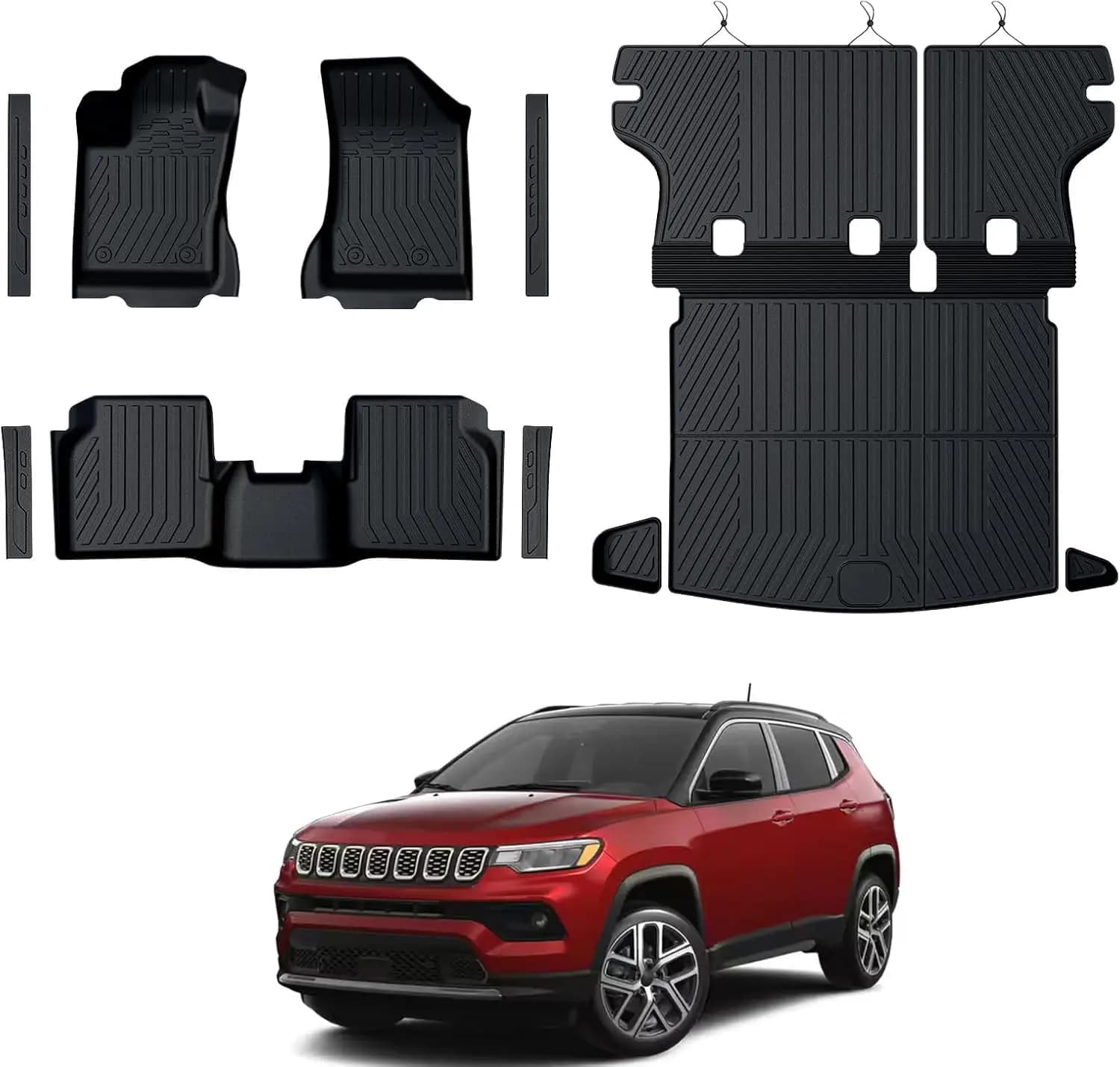 Tappetini e Rivestimento Bagagliaio in TPE per Tutte le Stagioni, Neri, per Jeep Compass 2017-2026, con Protezioni per Schienale e Battitacco