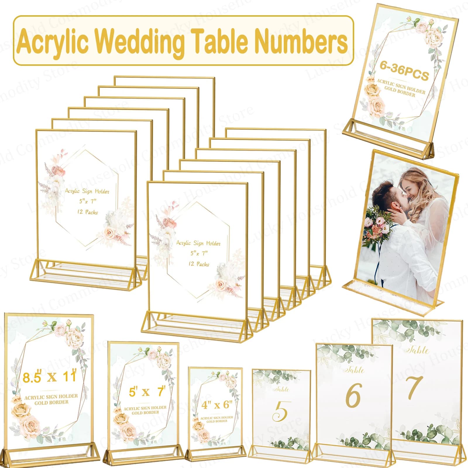 Porta cartelli in acrilico dorato Numeri da tavolo per matrimoni Cornici Porta menu Decorazioni da tavolo per cartelli da ristorante Foto Display artistico