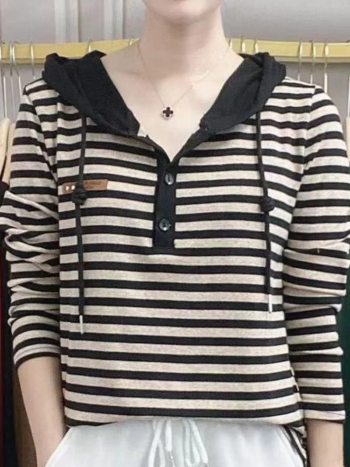 Women's Hoodie Sweatshirt Striped Base Layer Loose Long Sleeve T-Shirt Autumn 2023 Fashion Mom Clothes plus Size Comfortable