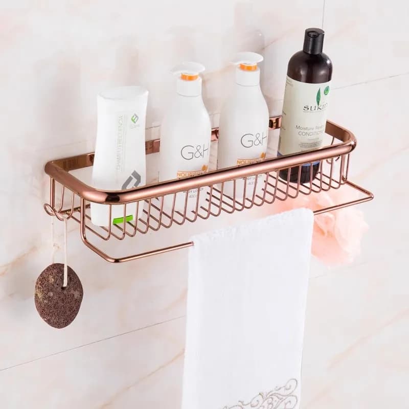 Tuqiu Gold Bathroom Shelf with towel bar Rose Gold Bath Shower Shelf Brass Bathroom Corner shelf Black Kitchen Storage holder