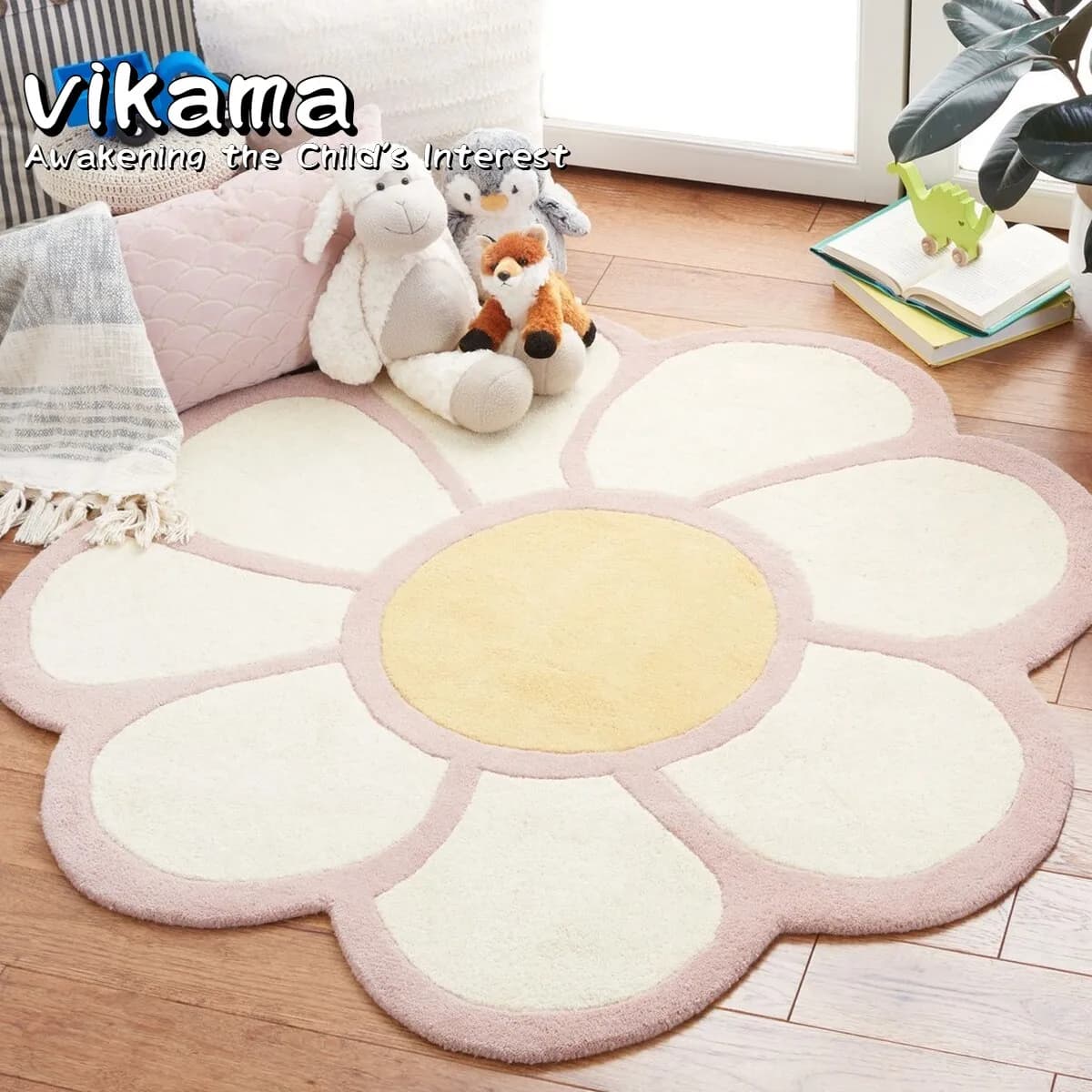 VIKAMA Cute children's round carpet: INS Nordic style non-slip mat for bedroom, bedside table, room entrance, girl's decorative carpet