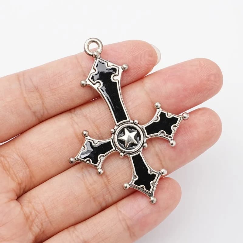5Pcs Gothic Silver Edge Black Imitation Enamel Star Cross Alloy Pendant for DIY Necklaces, Bracelets, Jewelry Making Supplies