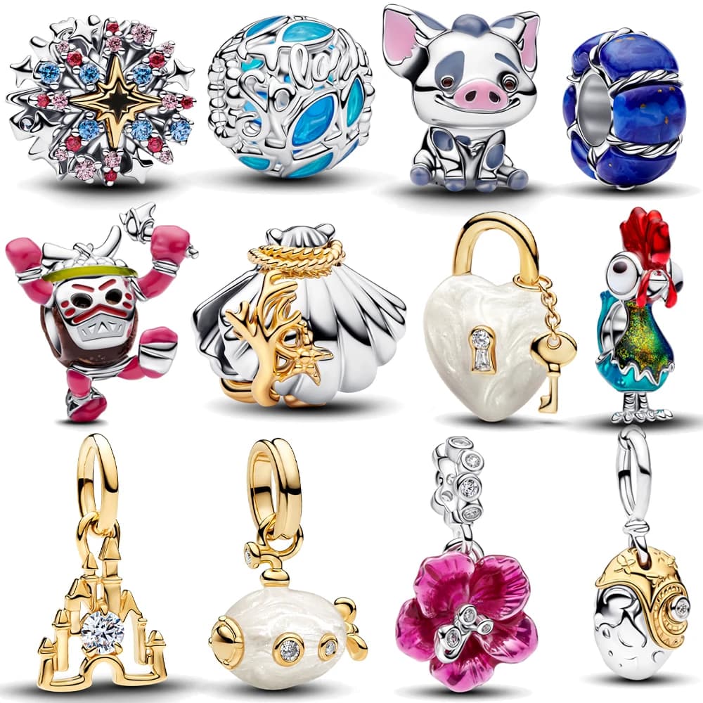 Nuovo Charm Pendente in Argento Sterling 925 Placcato con Gallo Grande, Maialino, Sottomarino e Conchiglia di Corallo, Adatto per Braccialetti Pan, Gioielli Fai-da-Te per Donne