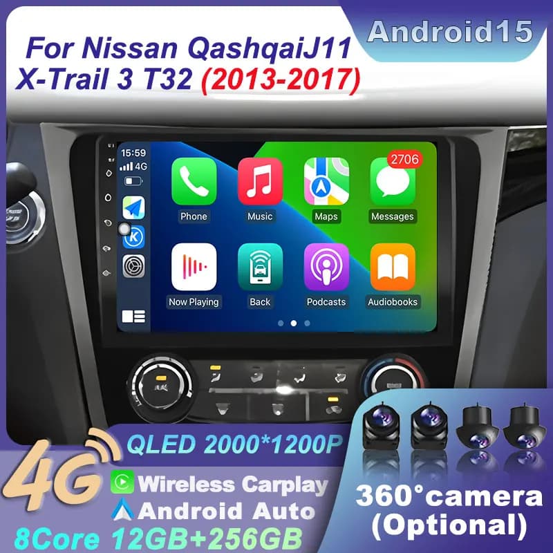 For Nissan Qashqai J11 X-Trail 3 T32 2013-2017 Auto Smart Car Android 15 Video CarPlay Multimedia Wireless Navigation Android 15