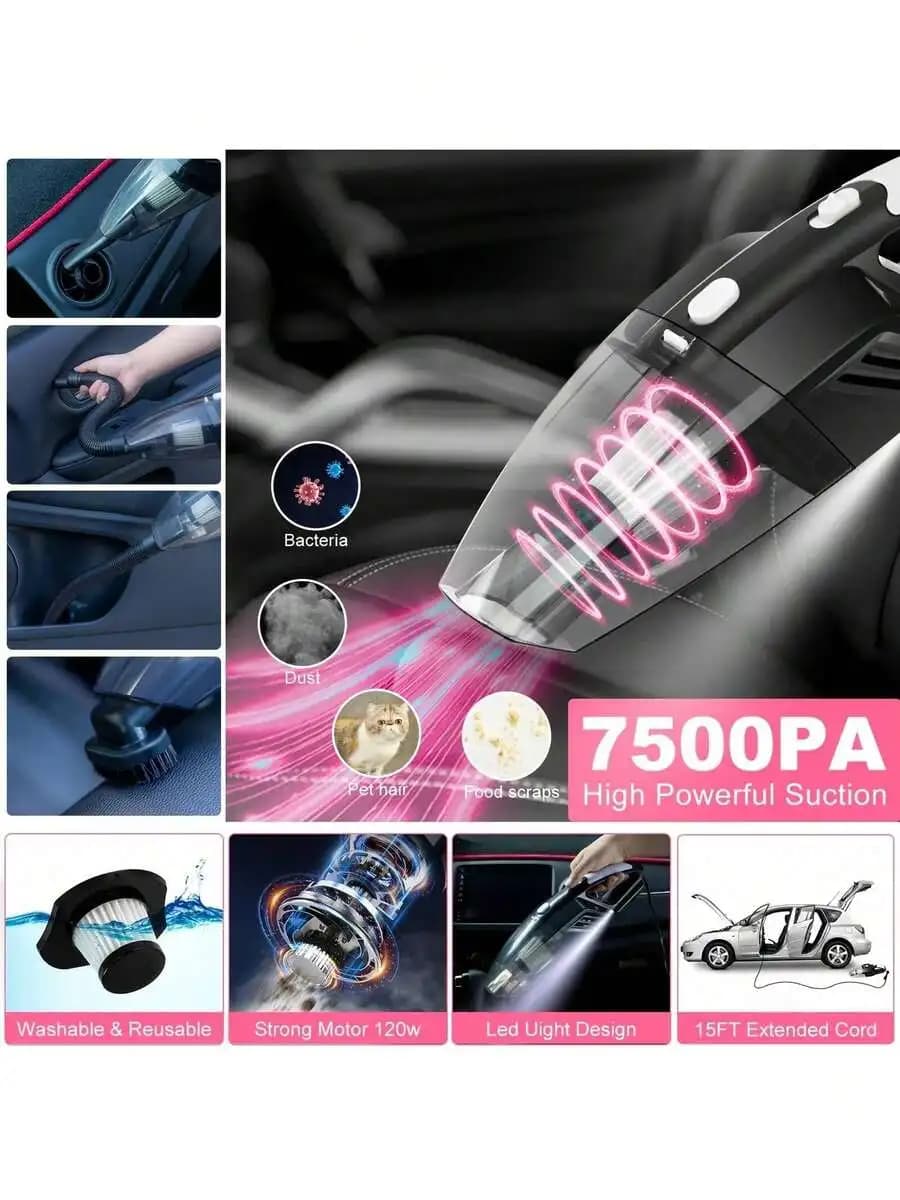 25-Piece Car Interior Cleaning Kit With 7500PA Handheld Vacuum, LED Light, 120W Motor, Washable Filter