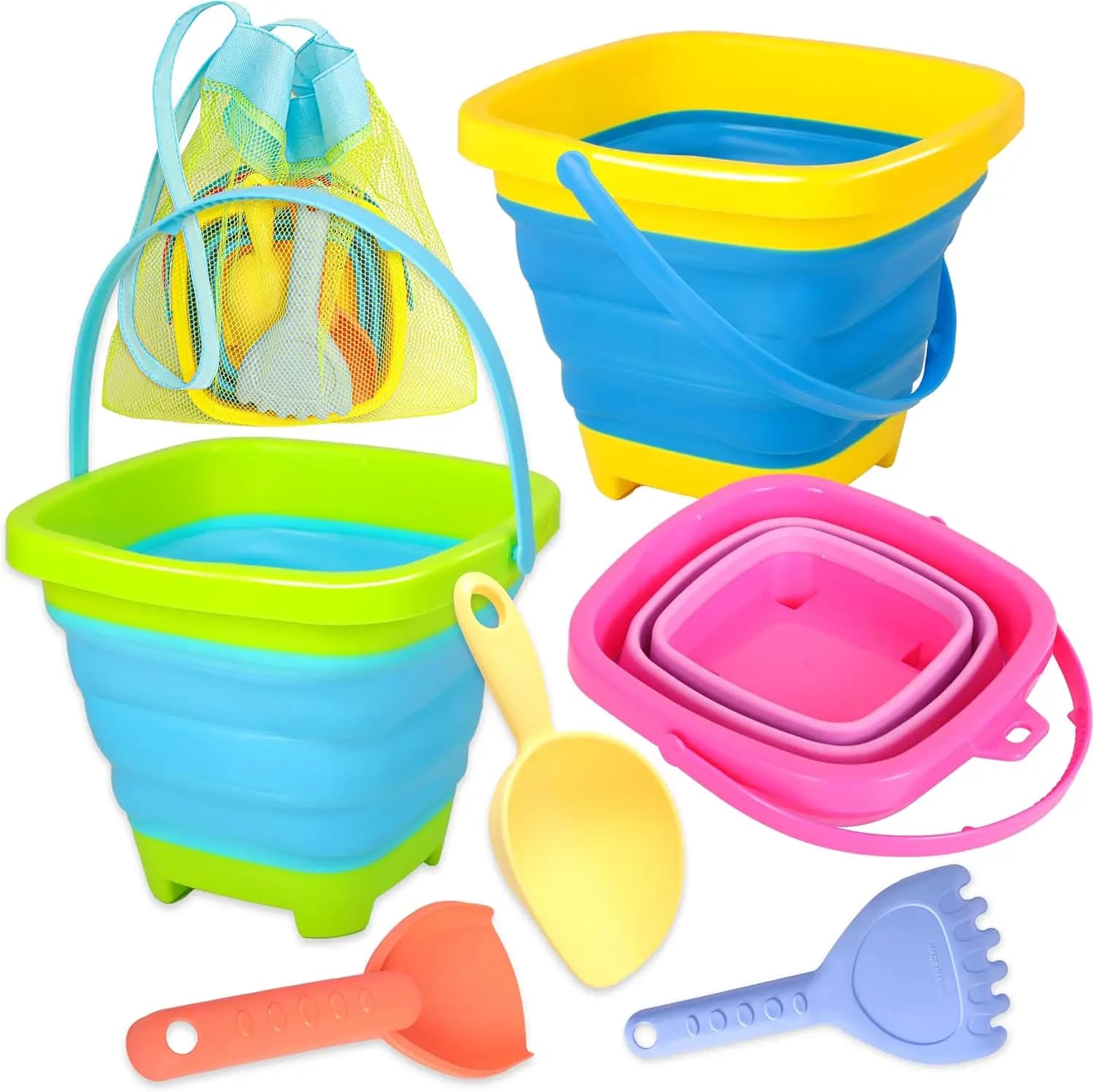 Set di Secchielli da Spiaggia Pieghevoli - 3 Secchi con Palette e Borsa a Rete per Divertimento Estivo dei Bambini (Misure Medie)