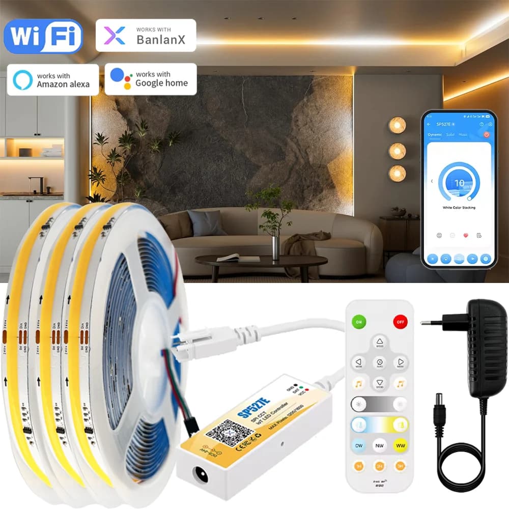 DC24V FCOB SPI CCT IC LED Light Strip WS2811 Addressable 576 LEDs 2700K To 6500K 10mm with SP WiFi RF APP Controller Room Decor