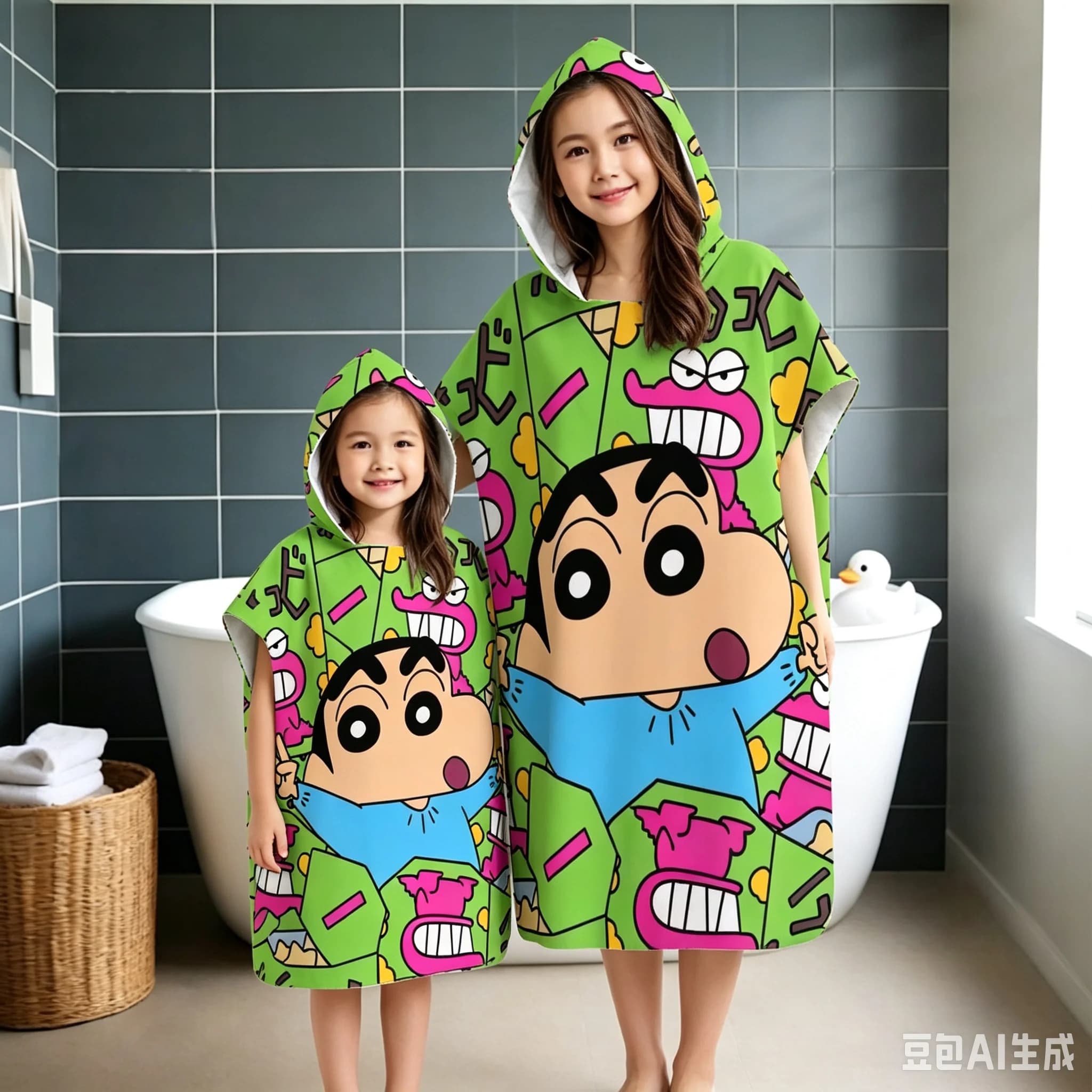 C-Crayon S-Shin-chan Parent-Child Hooded Bath Towel, Cartoon Crocodile Kids Quick Dry Poncho Robe for Beach Pool Bathroom