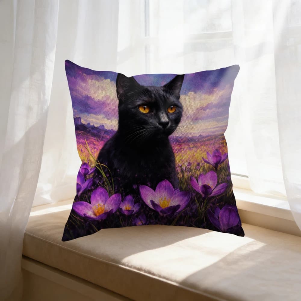 Fodera per cuscino con stampa di gatto nero con fiori viola e cielo al tramonto per l'arredamento della casa, della camera da letto o del soggiorno