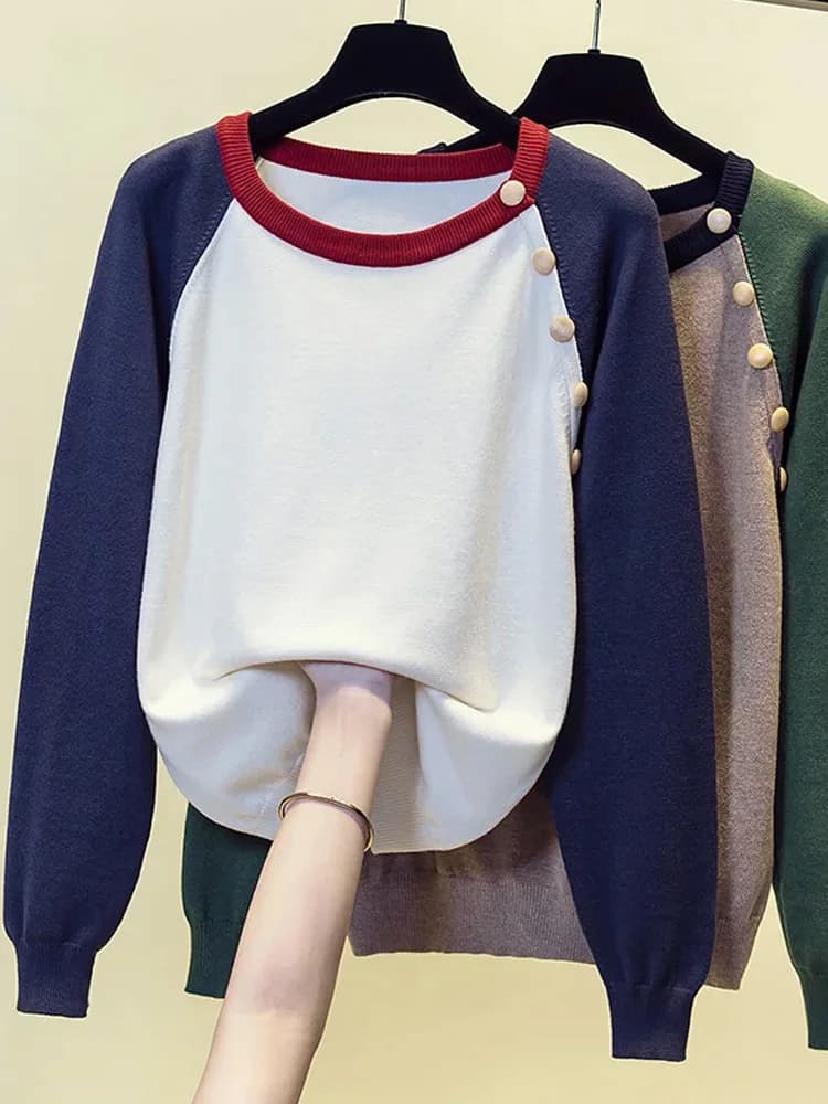 Maglione pullover patchwork autunno inverno oversize donna O-collo bottone manica lunga maglieria in cashmere abbigliamento femminile Grace Y2K
