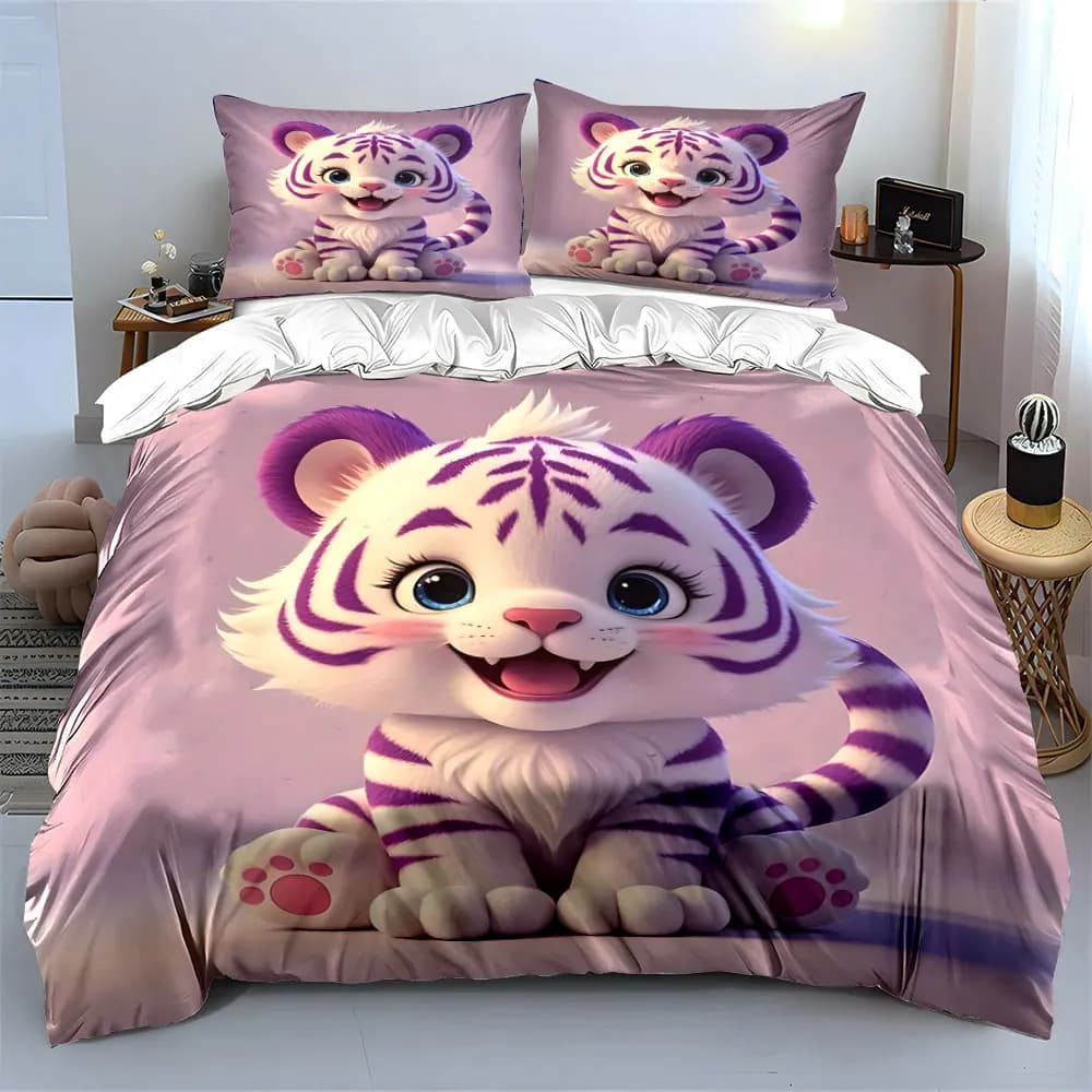 Set decorativo con tigre dei cartoni animati, set di biancheria da letto morbido e delicato sulla pelle, include 1 copripiumino e 2 federe, regalo
