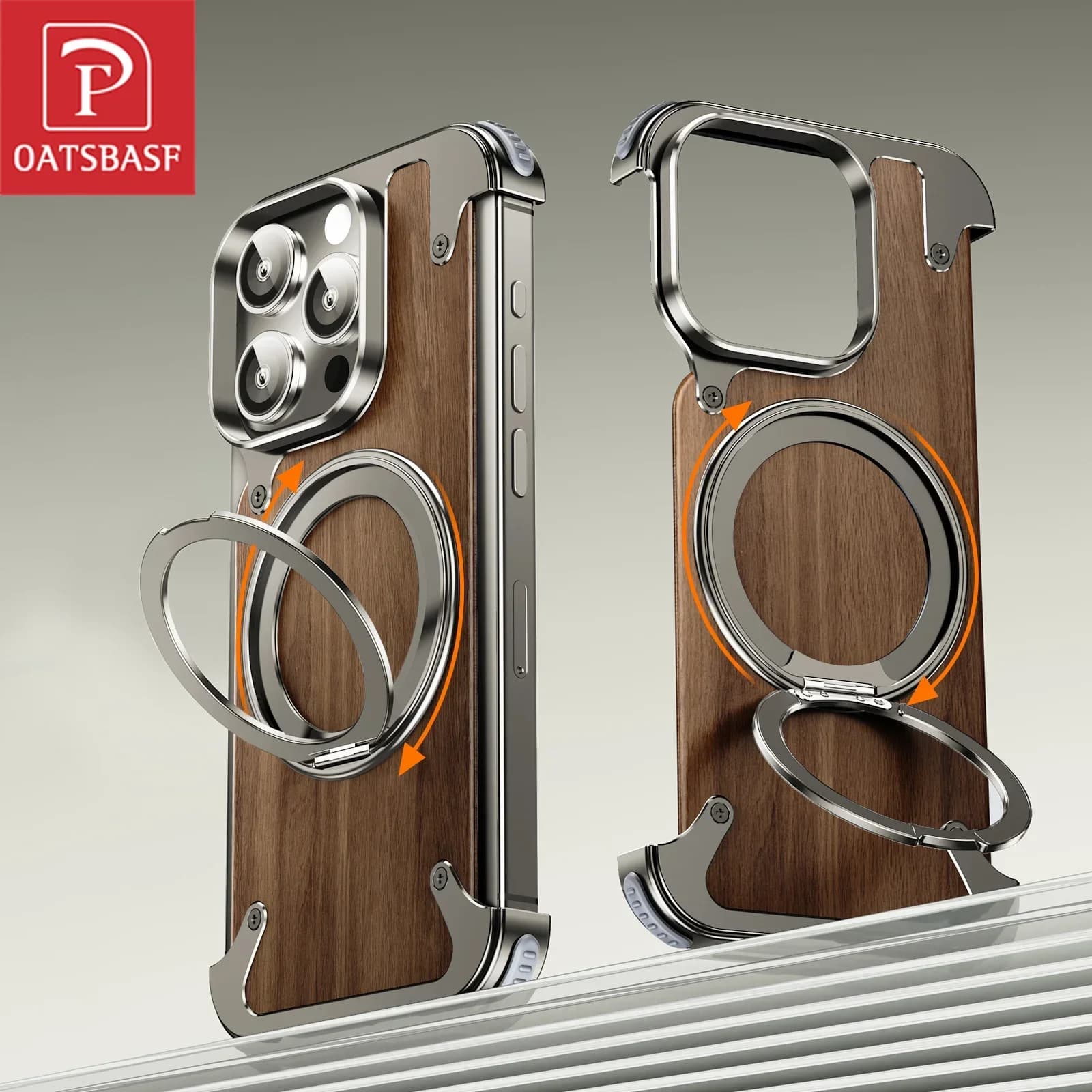 Custodia magnetica per telefono Oatsbasf Magsafe per iPhone 14 15 16 Pro/ Max Cover per telefono in legno di noce con 360 ° Paraurti con supporto ad anello rotante