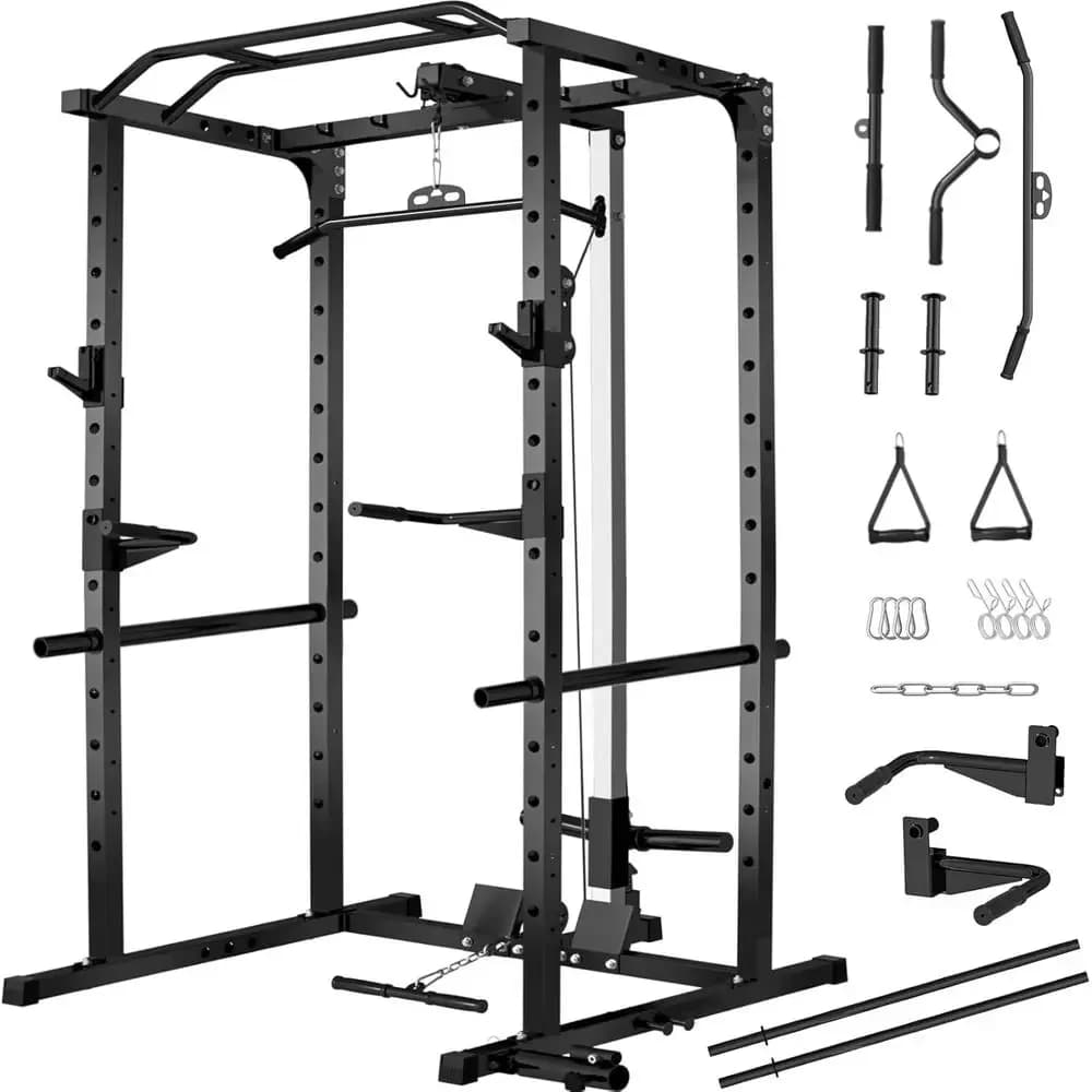 2000LBS Capacity Power Rack with Lat Pulldown, Multi-Function Cable System, Safety Arms, Landmine, Pull-Up Bar, and Accessories,
