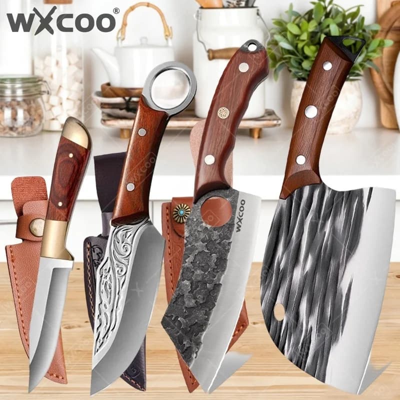 Coltello da Cucina WXCOO Forgiato a Mano, Coltello Multiuso da Macellaio per Affettare, Coltello da Macellaio per Frutta, Coltello da Cucina Martellato