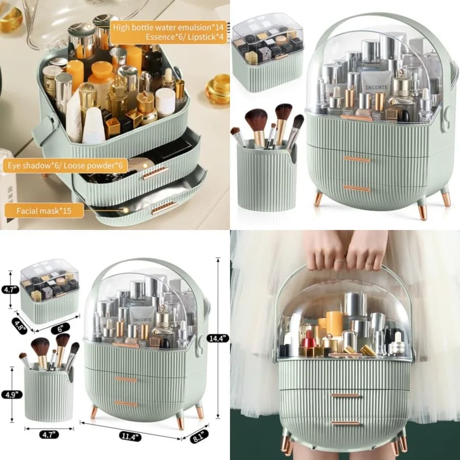 Organizzatore per Trucchi, Organizzatore per Prodotti Skincare con 2 Cassetti e Scatola Porta Pennelli, Porta Rossetti, Espositore Cosmetico per Toeletta o