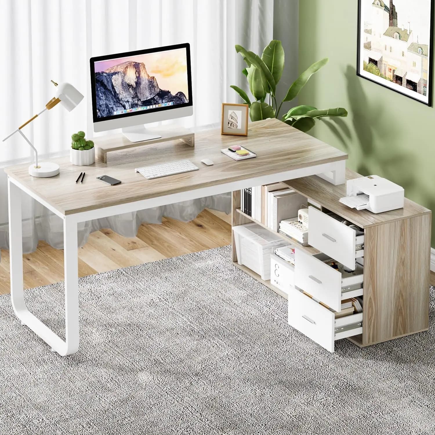 L desk from 55 inches with 3 drawers, White desk with shelves, Home Office desk with Monitor, White, Customizable
