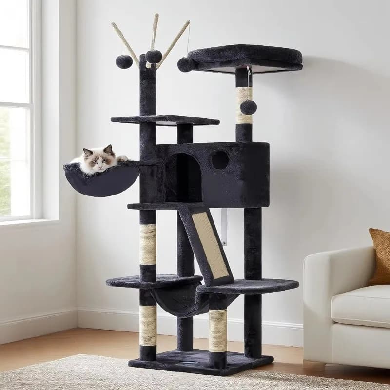 Albero per gatti Torre per gatti da 53 pollici Casa per gatti per interni Letto con piattaforma imbottita Palla Ampio comfort Appartamento Amaca Tiragraffi in canapa