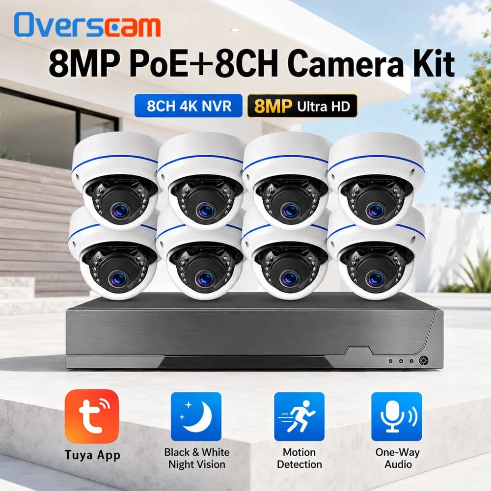 8MP 4K PoE Security Camera System 8CH NVR Kit With Dome IP Cameras Tuya Smart Life Audio Recording Human Detection Night Vision