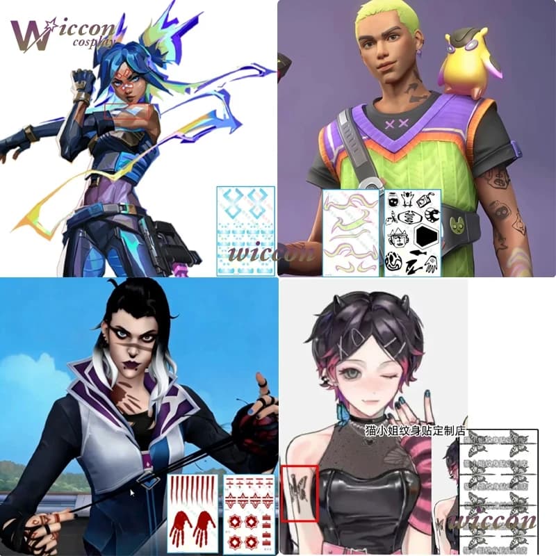 Adesivi per Tatuaggi Temporanei Fade Cosplay, Tendenza Virale, Design Accurato di Reyna e Gekko, Accessori per Feste, Halloween per Donne