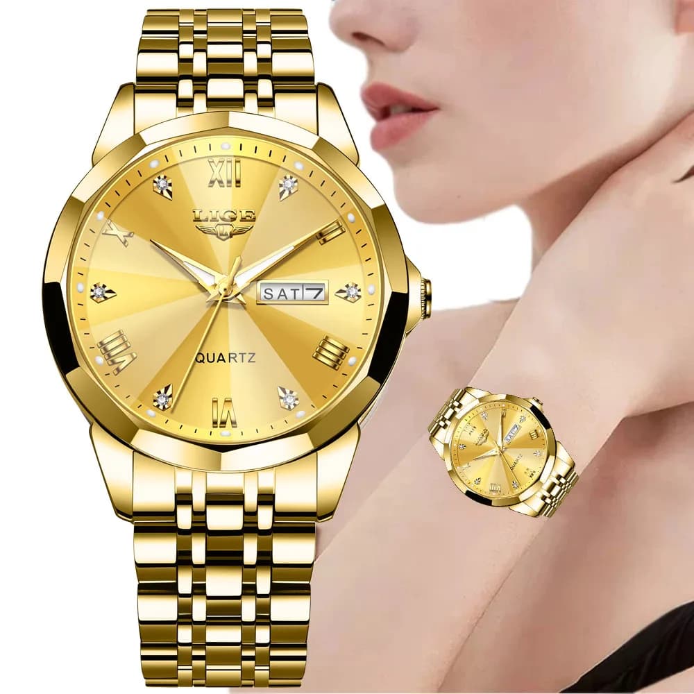 LIGE Women's Watch Luxury Original Brand Fashion Style Quartz Watch Creative Steel for Women Chronograph With Weekly Waterproof Date