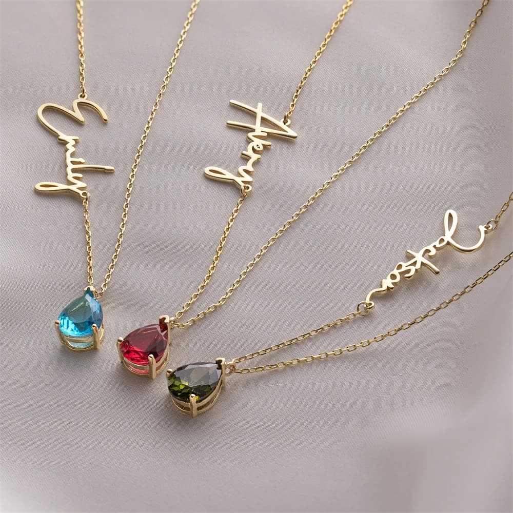 Handmade Teardrop Stone Necklace Custom Name Birthstone Necklace Mother's Day Gift for Women Sideways Name Choker Zircon Jewelry