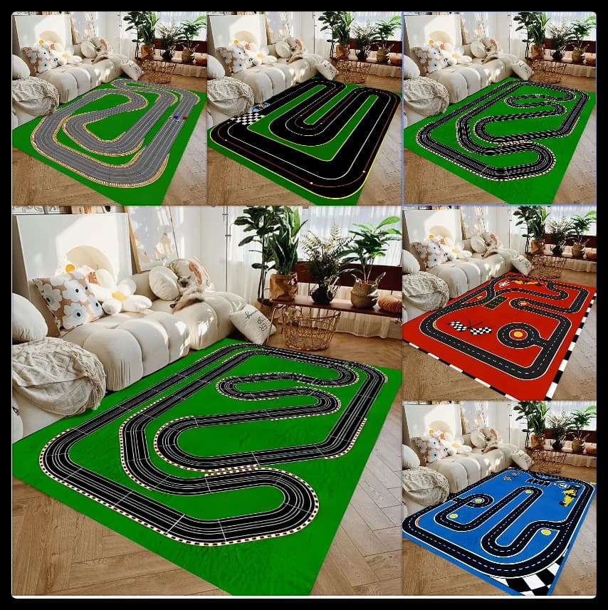 Interactive Race Track Play Rug for Kids Educational Car Play Mat Non Slip Roadway Carpet for Bedroom Playroom Game Area Decor