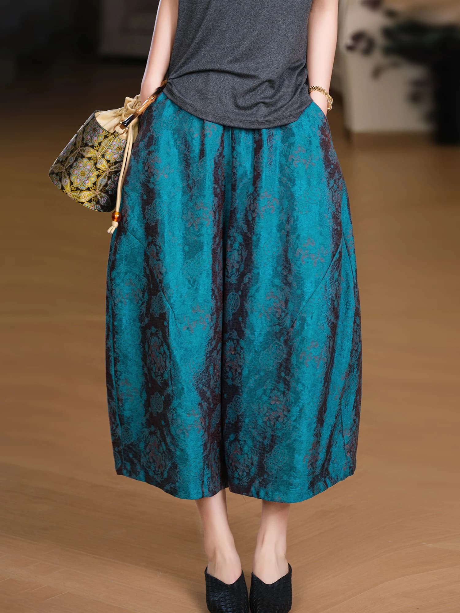 Casual Loose Leggings Women's Fashion Chinese Style Dark Pattern Embroidered Satin Linen Blend Elastic Waist Wide Leg Pants