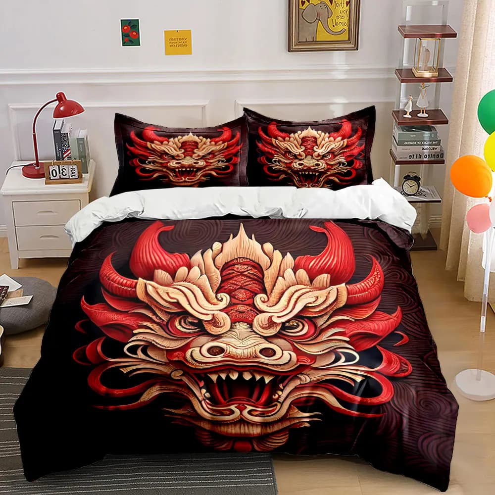 Set Decorativo a Tre Pezzi con Maschera di Drago, Set di Biancheria da Letto con 1 Copripiumino e 2 Federe, Singolo, Matrimoniale, King, Queen, Regalo