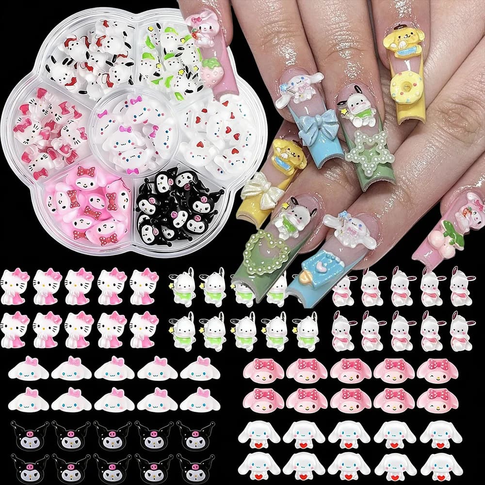 70 Pezzi Charm 3D per Unghie Hello Kitty Kuromi, Decorazioni Estive Kawaii My Melody Pochacco, Mini Charm Cartoon per Nail Art, Accessori Fai-da-Te per Manicure