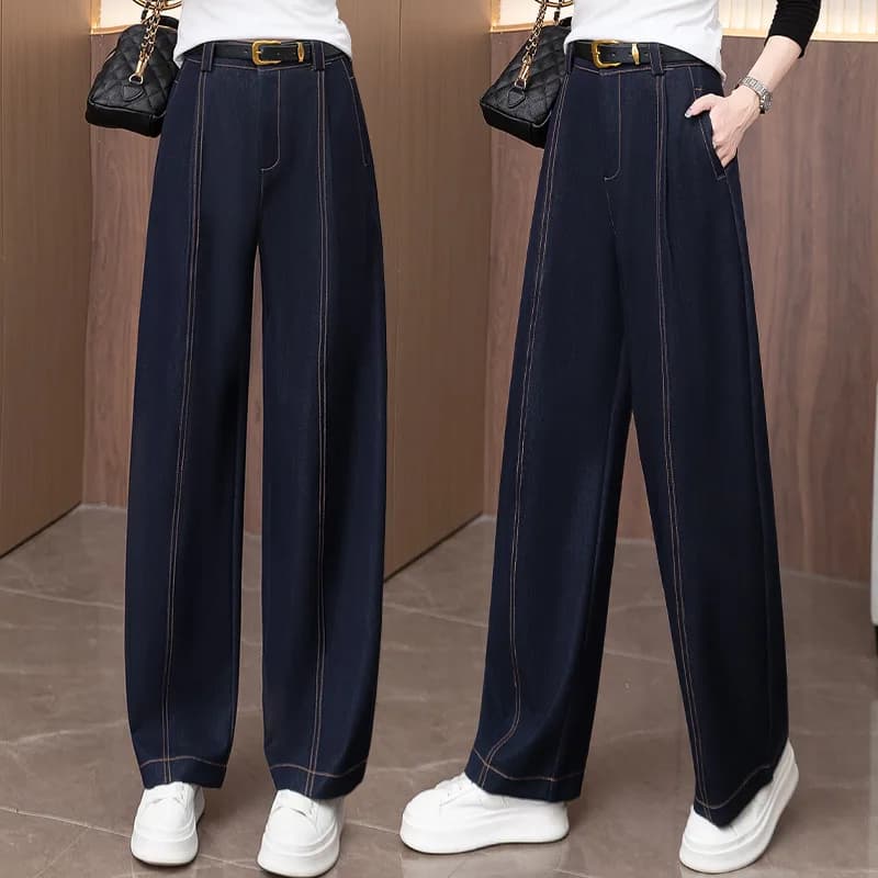 Jeans a gamba larga in denim blu cimitarra da donna, nuovi pantaloni dritti antirughe drappeggiati larghi dimagranti a vita alta autunnali