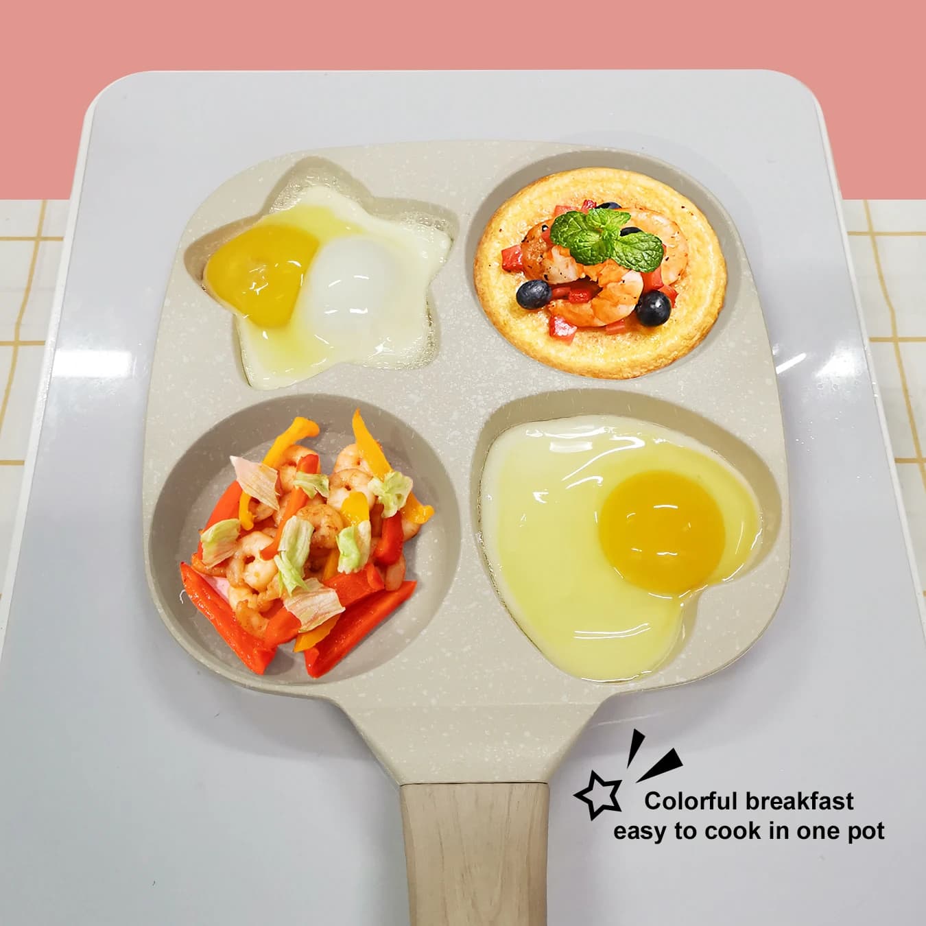 1PC home creative pan porous medical stone non-stick handle in wood veins breakfast mini egg dumpling pan