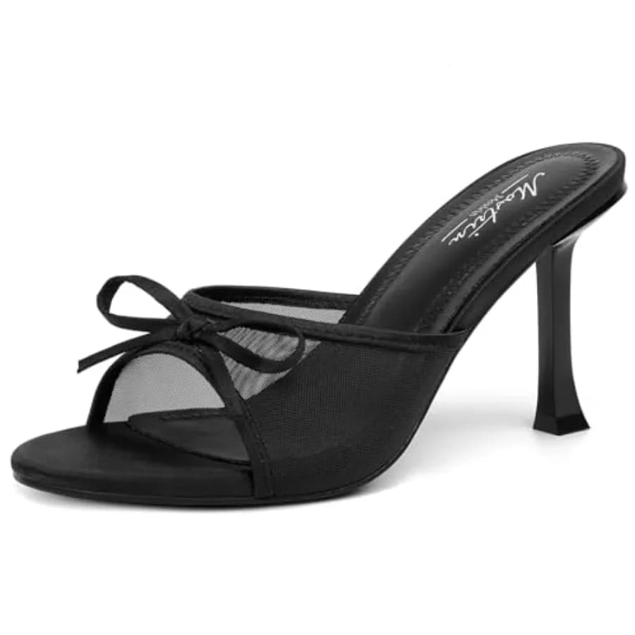 Sandali Mostrin con tacco a spillo da donna, punta tonda, con fiocco, stile vintage, sexy, slip-on, senza cinturino posteriore, per feste e uso quotidiano