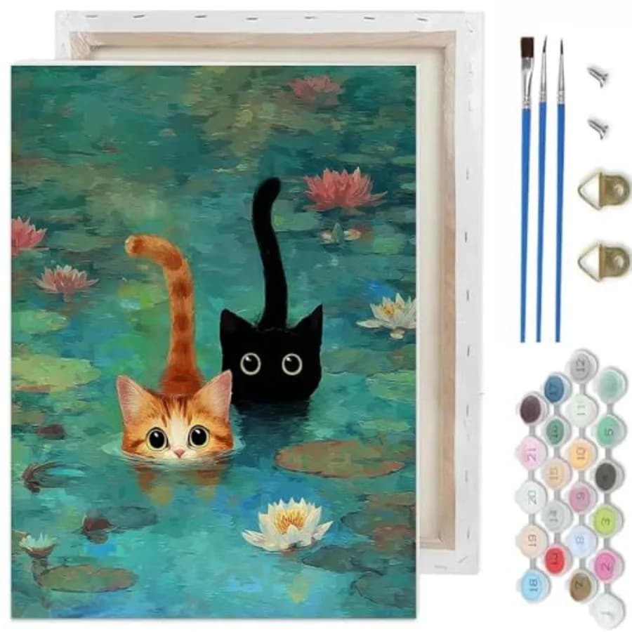 Cat Paint by Numbers Kit for Adults Beginner, Garden Pond Cat Adult Paint by Number Kits on Canvas with Frame, DIY Acrylic Oil