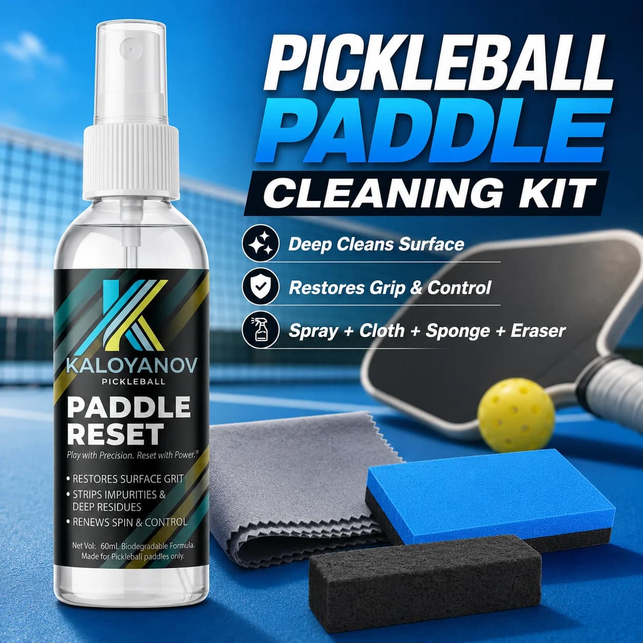 Kit di Pulizia per Racchette da Pickleball 4-in-1: Gomma per Fibra di Carbonio, Panno in Microfibra e Spray, Strumento Professionale per il Controllo dello Spin della Racchetta